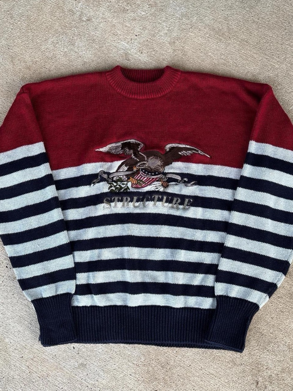 Structure Mens Embroidered Eagle Sweater XL Striped Red White Blue Ramie Cotton
